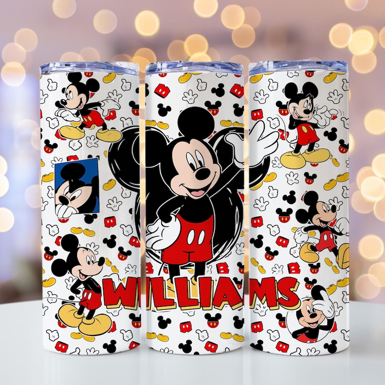 May include: A white cylindrical tumbler featuring a repeating pattern of Mickey Mouse in various poses, red shorts, and yellow shoes. The design includes scattered Mickey head silhouettes and the name WILLIAMS printed in bold red letters.