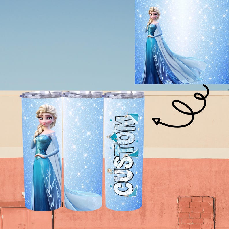 May include: A set of three stainless steel tumblers featuring a light blue glitter background and an image of a cartoon character in a blue dress. One tumbler has the word "CUSTOM" in white and blue. The tumblers are designed for cold beverages.