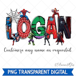 Puede incluir: Gráfico PNG digital con el nombre "LOGAN" en letras coloridas, cada una adornada con un superhéroe diferente. La imagen incluye el texto "Customize any name as requested" y "PNG TRANSPARENT DIGITAL".
