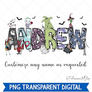 Puede incluir: Gráfico digital con el nombre "ANDREW" en una fuente estilizada, decorado con personajes de "Pesadilla antes de Navidad". La imagen incluye murciélagos y el texto "Personaliza cualquier nombre como se solicite."