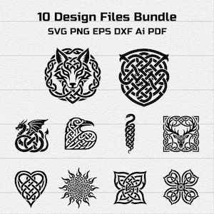 May include: A digital collection of 10 black and white graphic designs featuring intricate knotwork patterns. The set includes a wolf, a shield, a dragon, a bird, a snake, a deer, a heart, a sun, and two floral motifs, labeled 10 Design Files Bundle.
