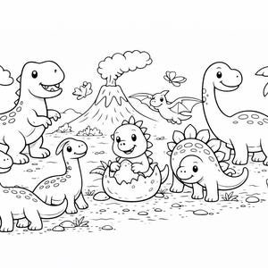 以下が含まれることがあります： 白黒イラストで、先史時代の風景にいる様々な漫画の恐竜。画像には、ティラノサウルスレックス、ブロントサウルス、ステゴサウルス、プテロダクティル、卵から孵化する赤ちゃん恐竜が含まれています。
