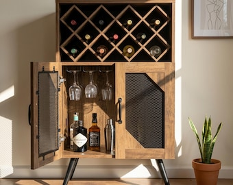 Farmhouse Wine Bar Cabinet Industrial Kitchen Sideboard with Removable Bottle Rack and Glass Holder