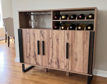 Modern Farmhouse Coffee Bar Cabinet Brown Wood Buffet Sideboard Wine Rack Stemware Glass Holder