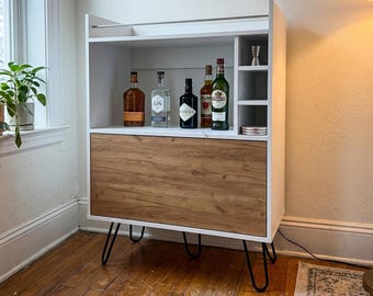 White Wine Bar Cabinet Drop Down Door Natural Ash Wood Storage Sideboard Coffee Station