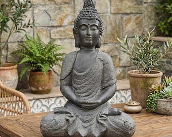 22 tums stor mediterande Buddha-staty utomhus inomhus zen trädgårdsskulptur stenbuddha-dekor för uteplats gård bakgård däck hem