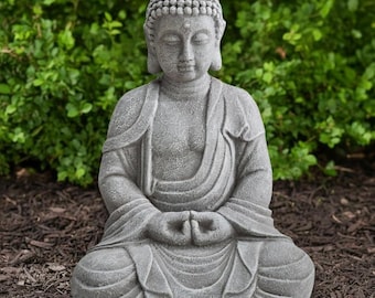 Estátua de Buda grande de 50 cm (20 polegadas) na cor cinza para jardim, escultura decorativa externa de Buda para pátio, quintal e gramado, estilo zen.