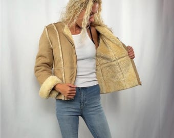 Blouson Moda International An 2000 en imitation peau de mouton et suédine en marron clair Taille S