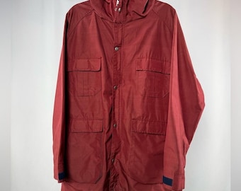 imperméable vintage Woolrich pour hommes avec fermeture éclair en rouge foncé, grande taille