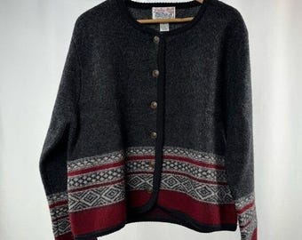 Pull cardigan Tally Ho 100 % laine boutonné sur le devant en gris rouge Taille Très Grand