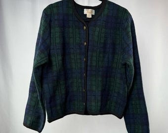 Pull cardigan à carreaux Tally Ho vintage 100 % laine en vert marine taille grand