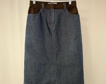 Y2K Armani Exchange - Jupe crayon midi en velours côtelé contrastant en denim bleu-marron Taille 0