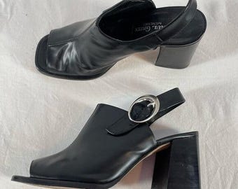 Chaussures en cuir vertes à bout ouvert et à gros talons Paul en noir pointure 7,5