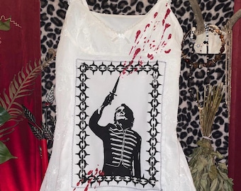 White Summer Dress - Bloddy G Dagger Block Print Patch - Glitter Blood Vinyl Punk White Goth Dress