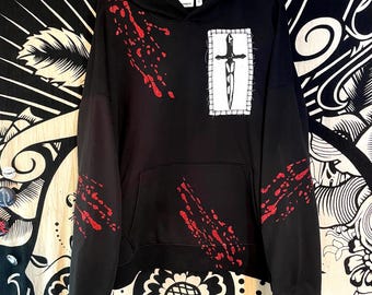 Upcycled Hoodie - Bloody G Dagger Block Print Hoodie - Dagger Block Print Patch - Men’s size’s Baggy Hoodie
