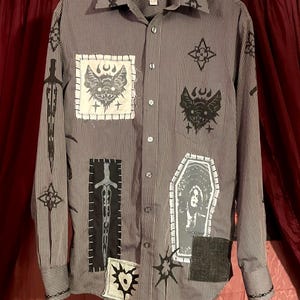 Upcycled Block Print Patchwork Button Down Dress Shirt - Gray Pinstripe Grunge/Goth Button Down