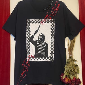 Bloody G Dagger Block Print T-Shirt - G Dagger Block Hand Printed Patch - Shimmer Bloody Vinyl - Hand Made Goth Patchwork Tee Shirt