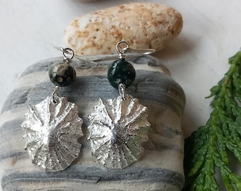 Cast sterling silver medium shell earrings with ocean jasper stone