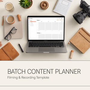 May include: A laptop displaying a Notion interface surrounded by a camera, notebooks, glasses, a succulent, and a coffee cup. The text reads CONTENT CREATOR OS, BATCH CONTENT PLANNER, Filming & Recording Template, Start Planning Today, and reallygreatsite.com.