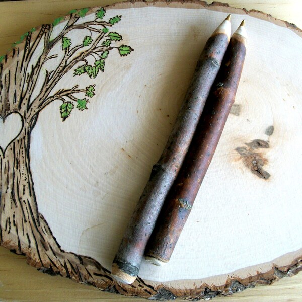 Rustic Tree Slice Wedding Guest Book with Twig Pens - For Weddings, Anniversaries, Graduation, Open Houses