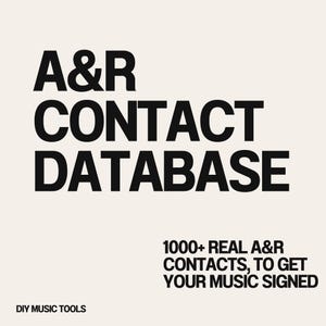 Puede incluir: Gráfico con texto negro sobre fondo crema. En negrita se lee "A&R CONTACT DATABASE". Debajo, texto más pequeño dice "1000+ REAL A&R CONTACTS, TO GET YOUR MUSIC SIGNED". Las palabras "DIY MUSIC TOOLS" están en la parte inferior.