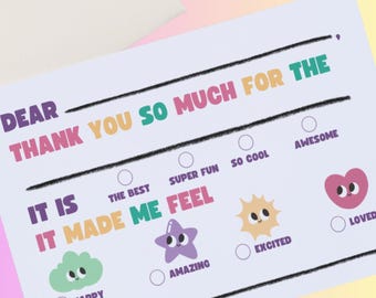 Kids Fill-in-the-Blank Thank You Cards for Birthday Parties – Easy, Fun, Gratitude Notes for Children – Printable, Instant Download