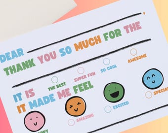 Kids Fill-in-the-Blank Thank You Cards for Birthday Parties – Easy, Fun, Gratitude Notes for Children – Printable, Instant Download