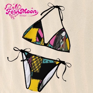 Nightmare Before Christmas Bikini, Jack and Sally String Bikini, Halloween Patchwork Triangle Swimwear