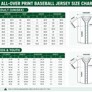 The image is a size chart for baseball jerseys, providing measurements for both adult and youth players. The chart includes both bust and sleeve measurements, as well as shoulder measurements. The chart is designed to help customers determine the appropriate size for their players based on their age and height.