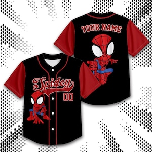 A black and red baseball jersey with a Spider-Man design, featuring the character's name and a personalized message on the back.