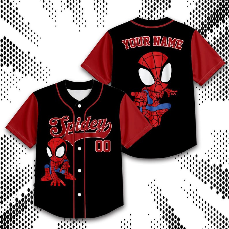 A black and red baseball jersey with a Spider-Man design, featuring the character's name and a personalized message on the back.