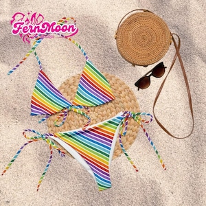 Rainbow Pride Triangle Bikini Set, Colorful Stripe String Bikini, LGBTQ Pride Swimwear for Women, Summer Beach Two Piece Swimsuit