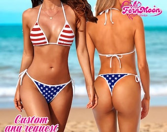 American Flag Bikini Set, USA Patriotic Swimwear, Red White Blue Bikini, 4th of July Outfit, String Bikini Women, Custom Beachwear