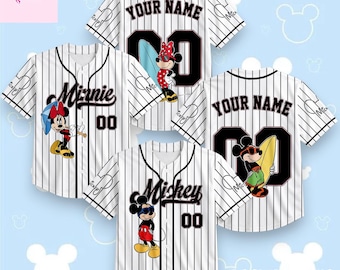Custom Mickey Minnie Baseball Jersey, Personalized Disney Vacation Shirt, Family Matching Disney Outfit, Mickey Mouse Beach Trip Jersey