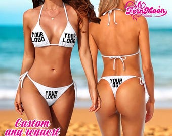Custom Logo Bikini Set, Personalized Swimwear, Custom Text Bikini, White String Bikini, Tie Side Swimsuit Women, Custom Name Beachwear