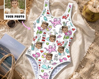 Custom Face Kids Swimsuit, Personalized Photo Toddler Bathing Suit, Girls One Piece Swimwear, Funny Pool Beachwear, Summer Kids Gift for Her