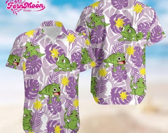 Disney Tangled Pascal Hawaiian Shirt, Cute Pascal Aloha Shirt, Purple Tropical Leaf Disney Vacation Button Up