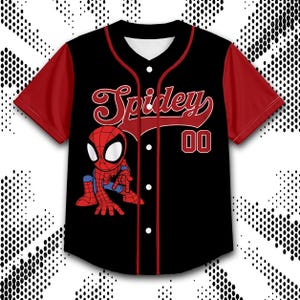 A black and red baseball jersey with a Spiderman design, featuring the text "Spiderman" and the number "00" on the front.