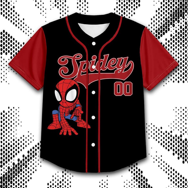 A black and red baseball jersey with a Spiderman design, featuring the text "Spiderman" and the number "00" on the front.