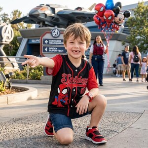 A young boy wearing a Spiderman jersey is pointing at the camera, with a group of people and a Spiderman-themed attraction in the background.