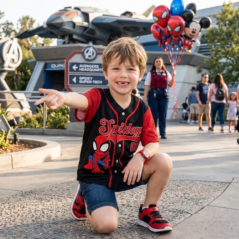 A young boy wearing a Spiderman jersey is pointing at the camera, with a group of people and a Spiderman-themed attraction in the background.