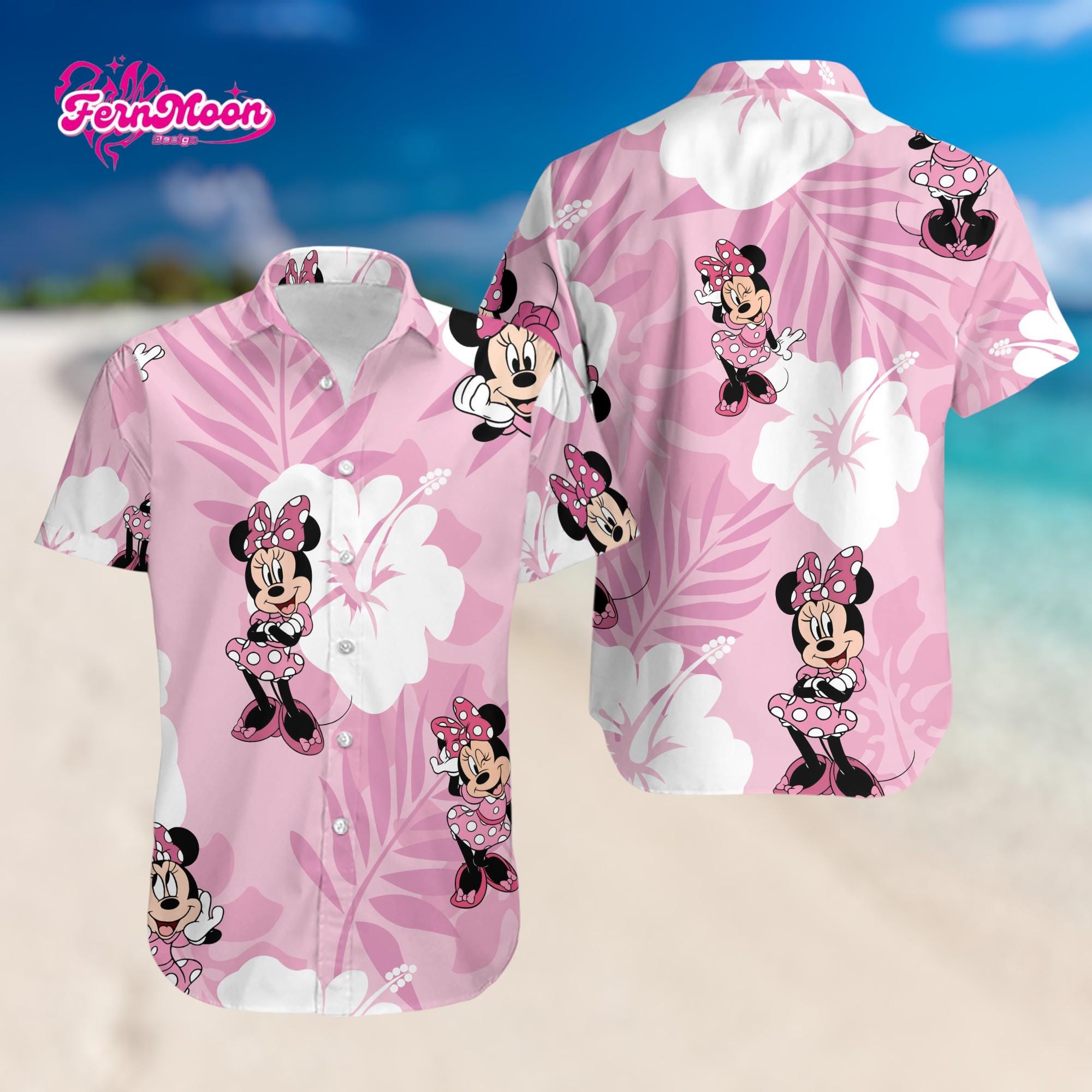 Discover Disney Minnie Mouse Hawaiian Shirt, Pink Floral Minnie Button Up Shirt, Disney Summer Vacation Outfit