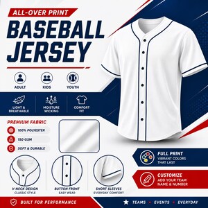 The image is an advertisement for a baseball jersey, featuring a close-up of the jersey and various design elements and text highlighting the features and benefits of the product.