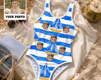 Custom Face Nautical Kids Swimsuit, Personalized Sailboat Bathing Suit, Beach Toddler Swimwear, Coastal One Piece, Summer Vacation Outfit