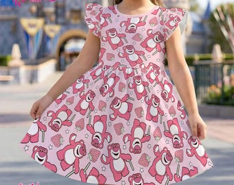 Lotso Bear Kids Dress, Toy Story Girl Dress, Disney Toddler Dress, Pink Cartoon Dress, Cute Skater Dress Kids, Birthday Outfit Girl
