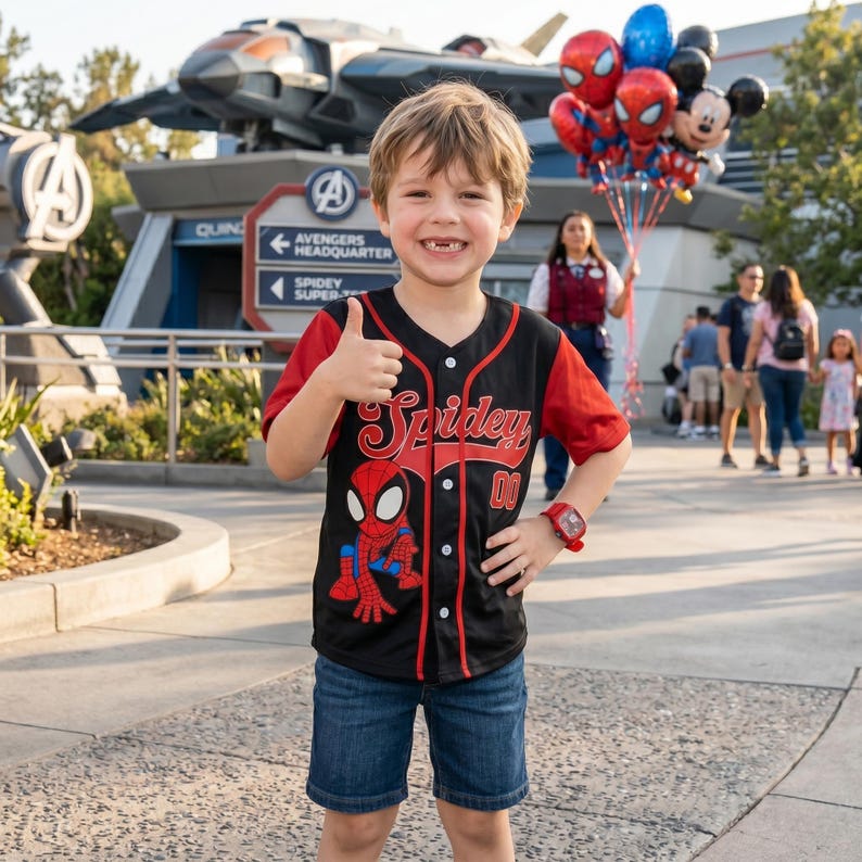 A young boy wearing a Spiderman jersey is smiling and giving a thumbs up, with a group of people and a Spiderman balloon in the background.