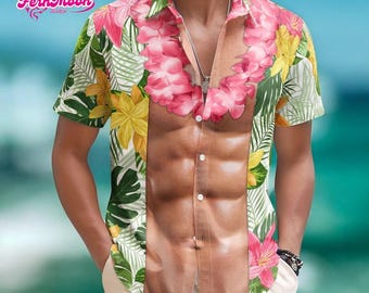 Funny Muscle Hawaiian Shirt, Fake Abs Aloha Shirt for Men, Tropical Floral Beach Shirt, Summer Vacation Party Shirt