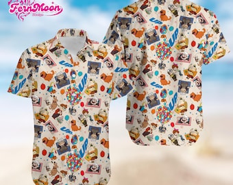 Disney Pixar Up Hawaiian Shirt, Carl And Ellie Aloha Shirt, Colorful Cartoon Button Up, Family Vacation Summer Gift