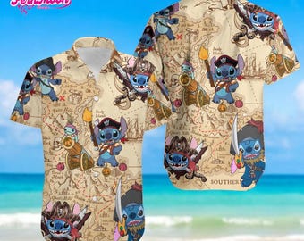 Disney Stitch Pirate Hawaiian Shirt Lilo Stitch Beach Button Up Matching Disney Cruise Vacation Outfit