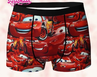 Red Racing Car Boxer Briefs for Men, Cartoon Race Car Underwear, Fun Vehicle Print Boxers